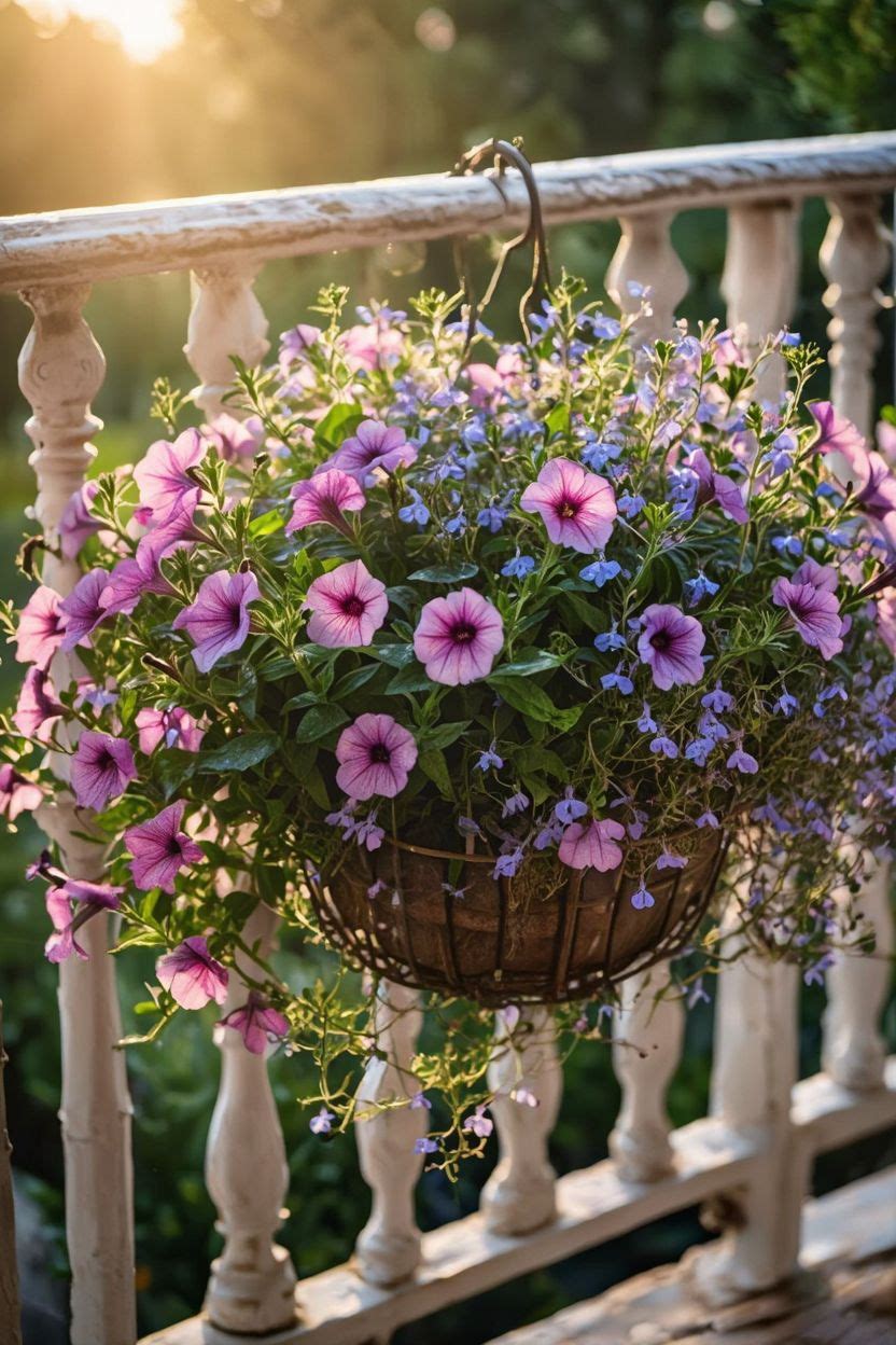 Lush colourful hanging basket overflowing with petunias and lobelia on a sunny Indian balcony