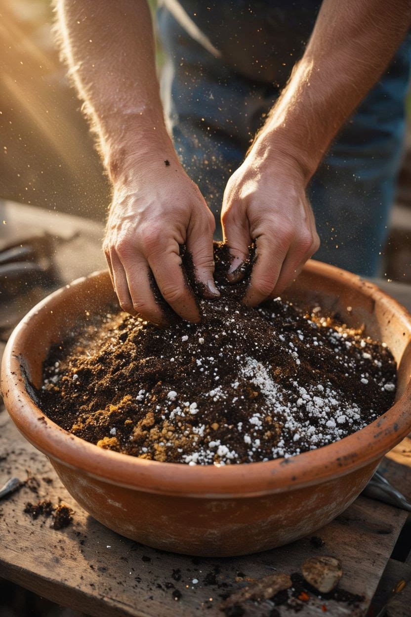 Hands mixing coco peat and perlite for hanging basket soil on a potting bench