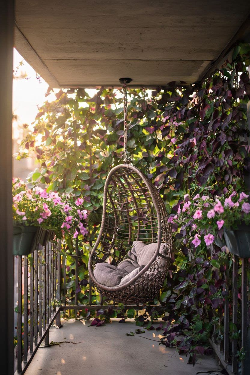 Hanging egg chair on a balcony with lush railing planters overflowing with trailing flowers on both sides