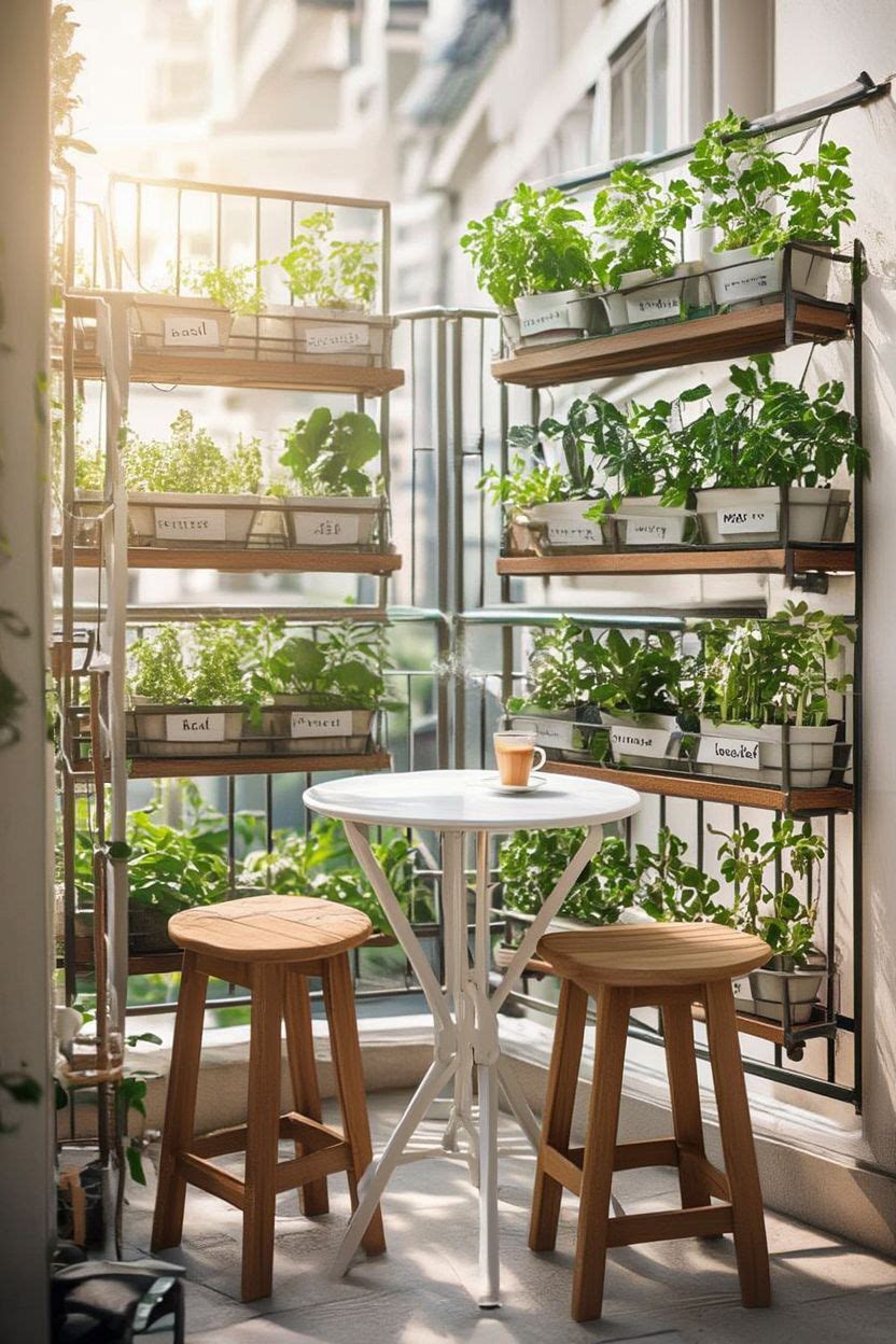 Small round café table with two stools on a balcony surrounded by herb pots on shelves and railing boxes
