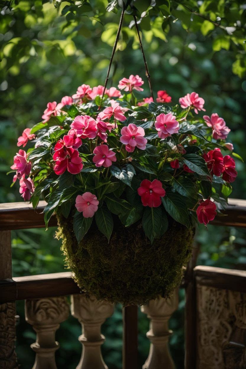 Pink and red impatiens in a shaded hanging basket on a north-facing Indian balcony