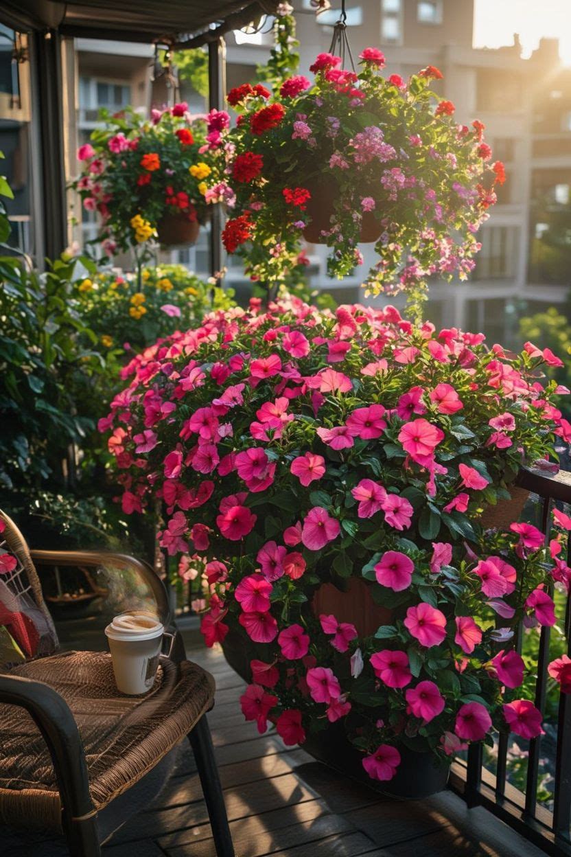 Hot pink and coral impatiens in a shaded balcony planter box