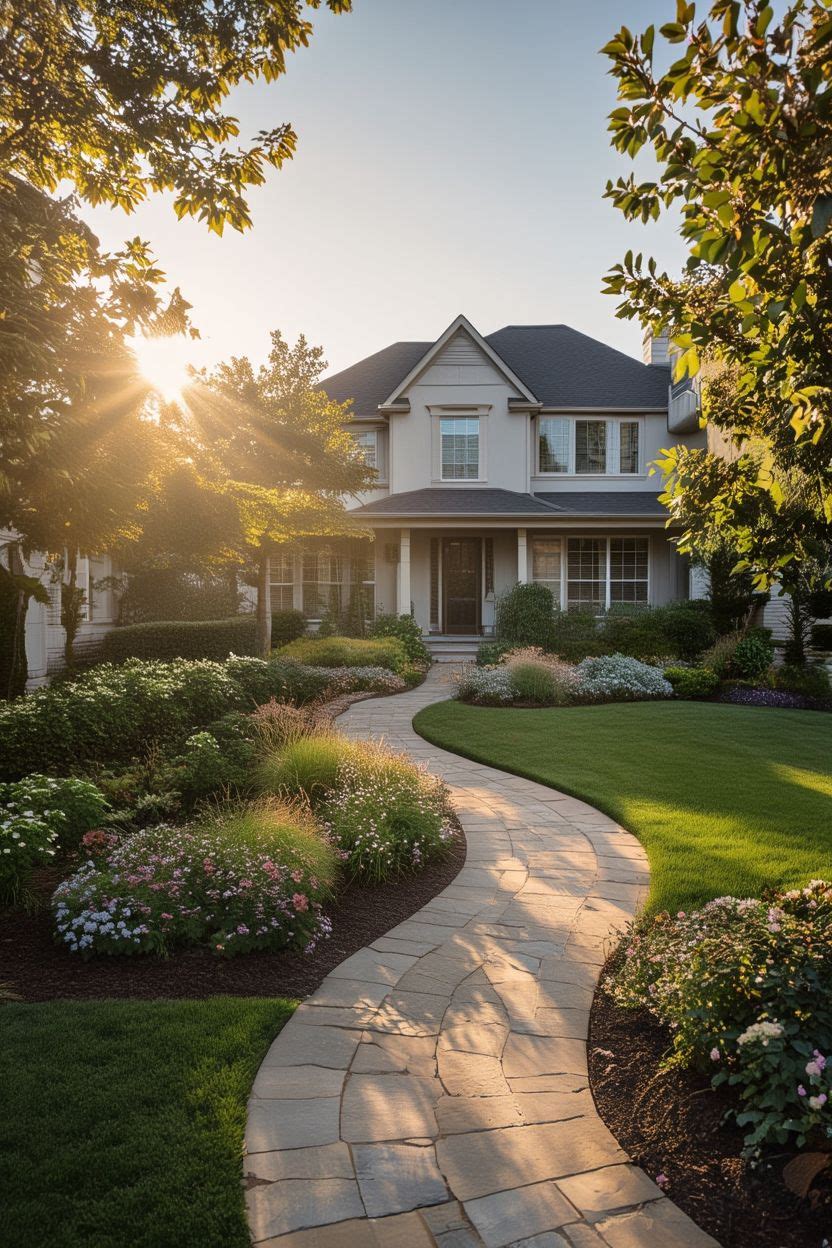 Beautiful landscaped front yard with curved garden beds, lush green lawn, flowering shrubs and a stone pathway leading to a home entrance