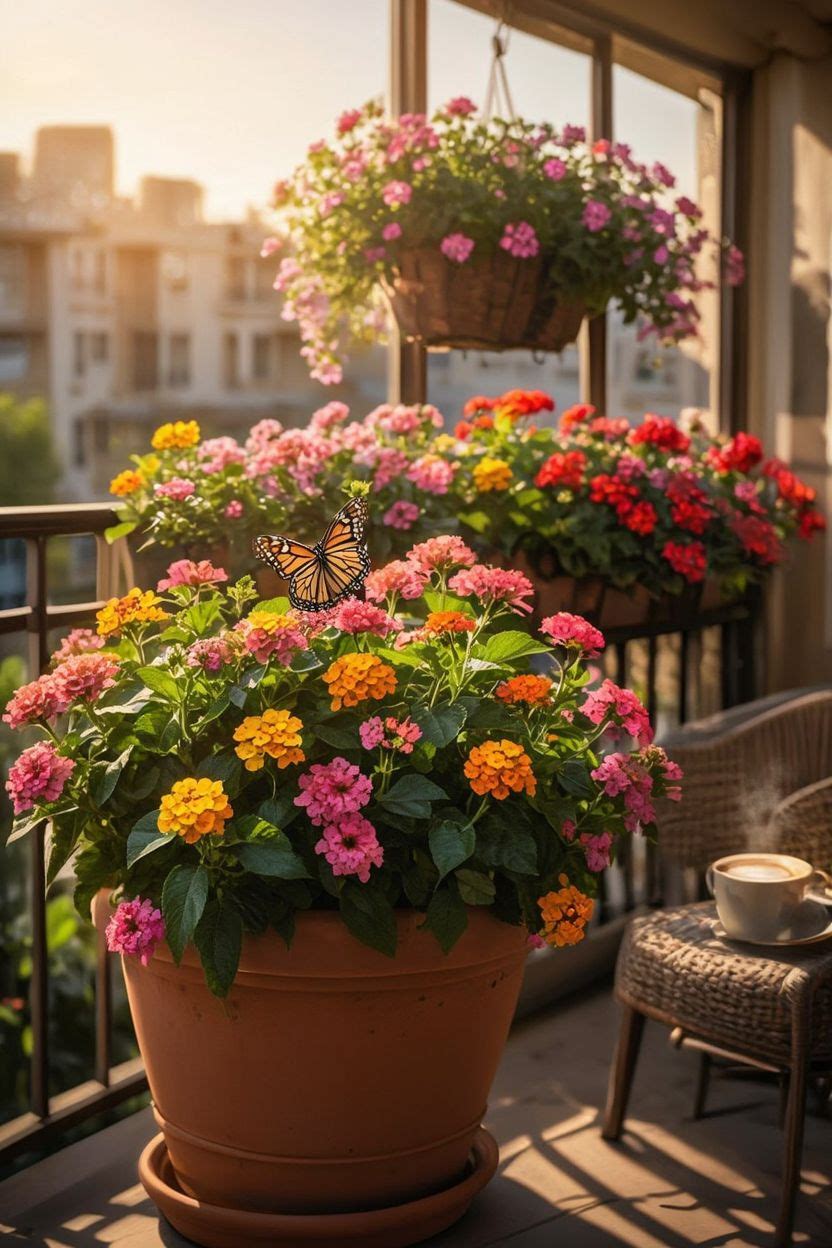 Colorful lantana flowers in shades of orange yellow and pink in a balcony pot