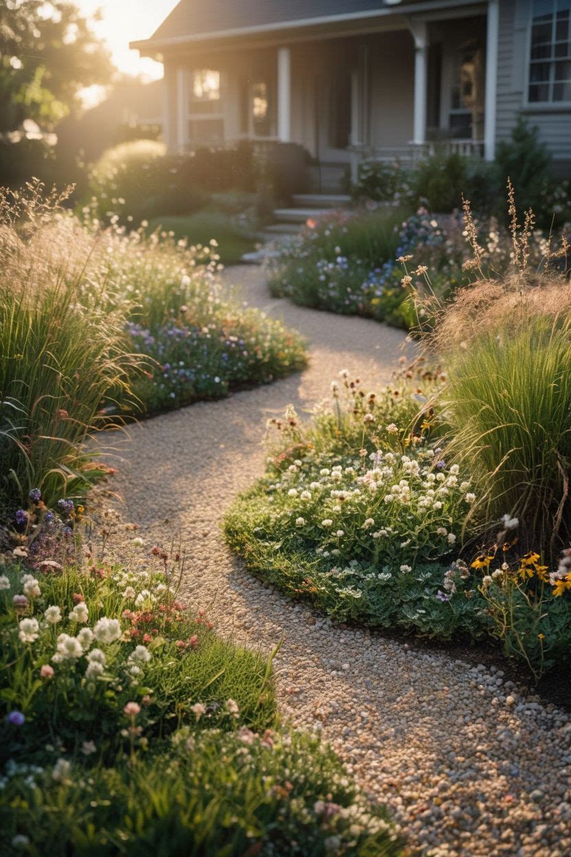 Front yard with a mix of ground covers, ornamental grasses, native plants and river rock replacing traditional grass lawn