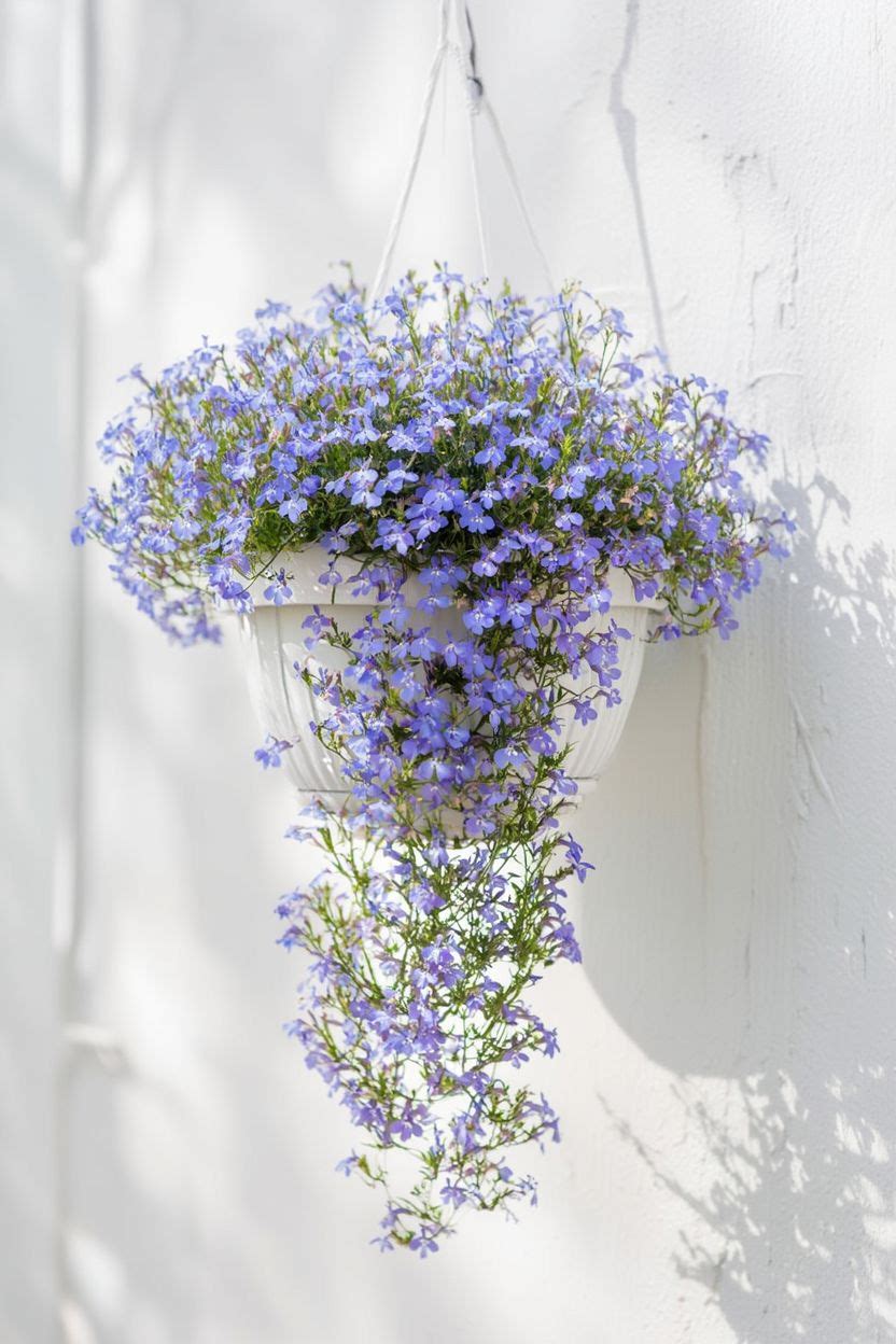Trailing blue lobelia spilling over the edges of a hanging basket against a white wall