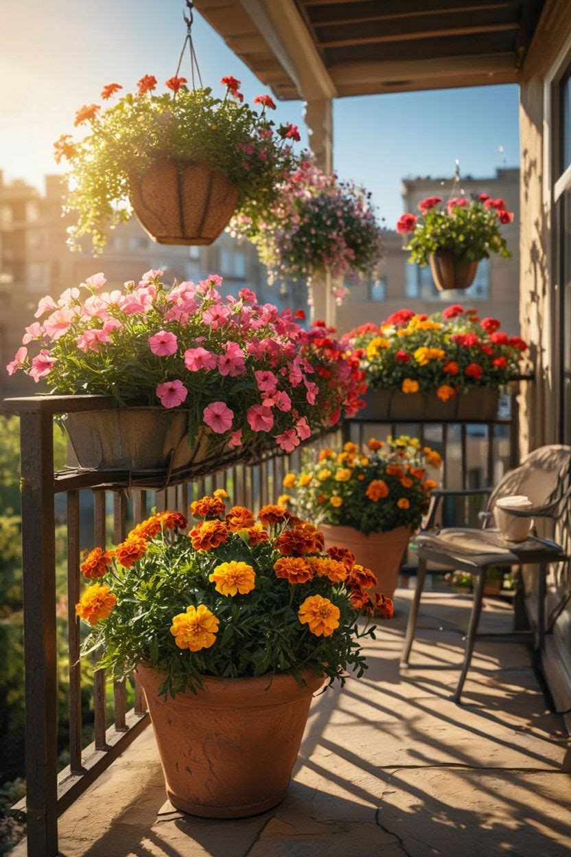 Bright orange and yellow marigolds in terracotta pots on a sunny balcony