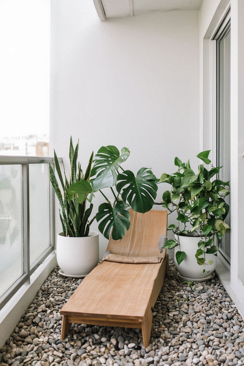 Minimalist balcony with one low wooden chair, pebble tray, and three large statement plants in simple white pots
