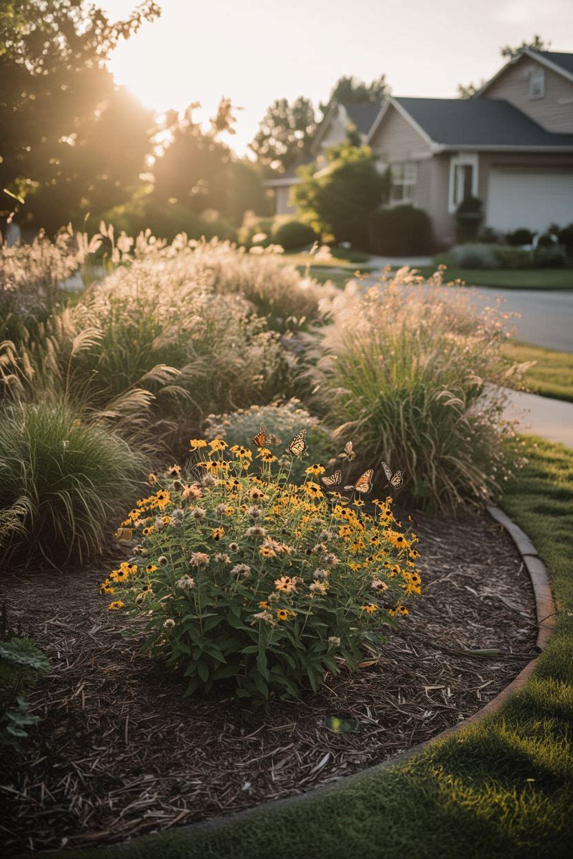 Native plant garden with wildflowers, ornamental grasses and flowering shrubs in a naturalistic landscape design in a USA front yard