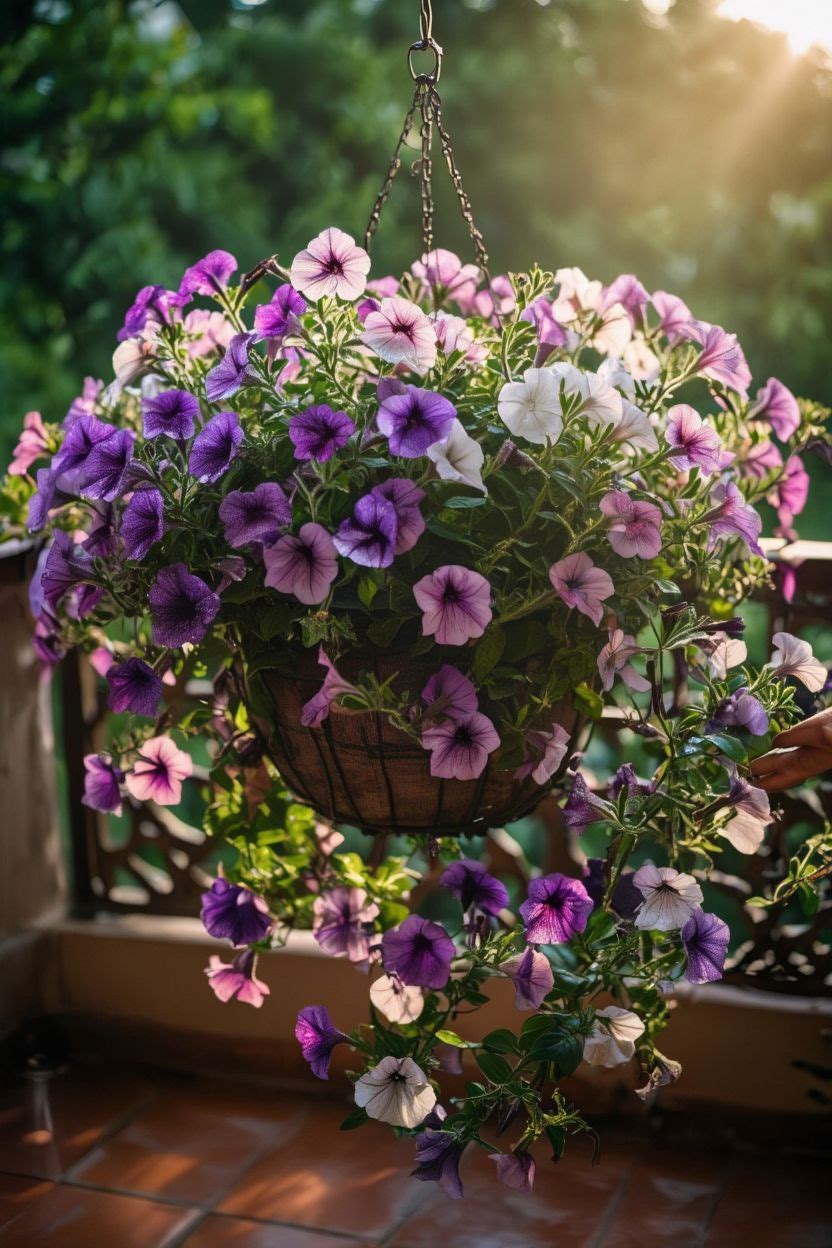 Cascading purple and pink petunias overflowing from a wire hanging basket in morning light