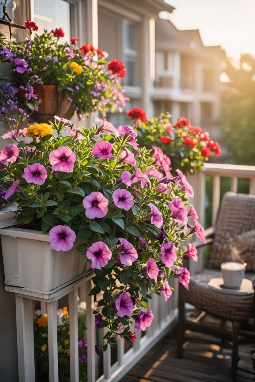 Trailing pink and purple petunias spilling over a balcony railing planter