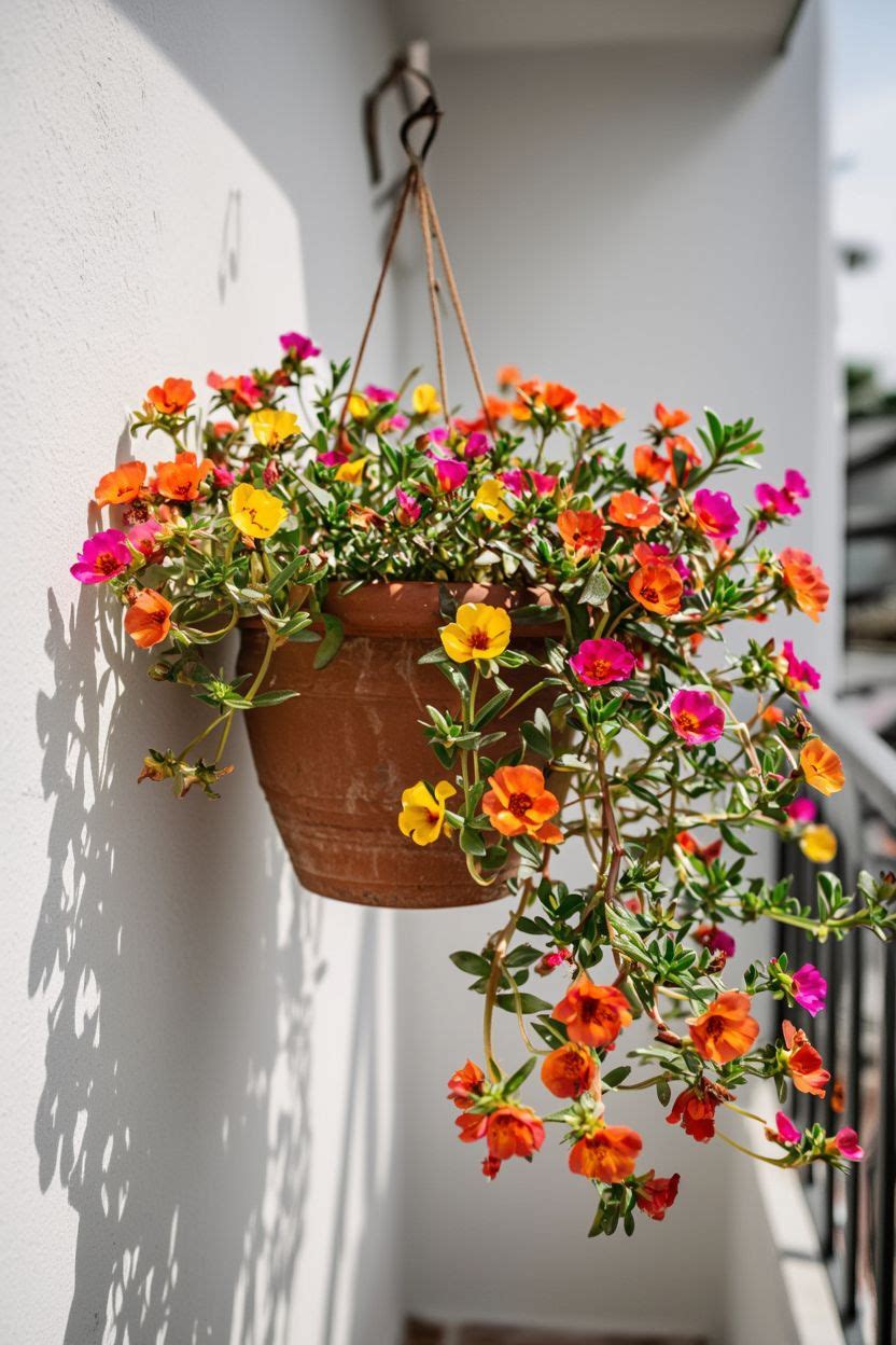 Bright orange and yellow portulaca flowers in a terracotta hanging pot on a sunny Indian balcony