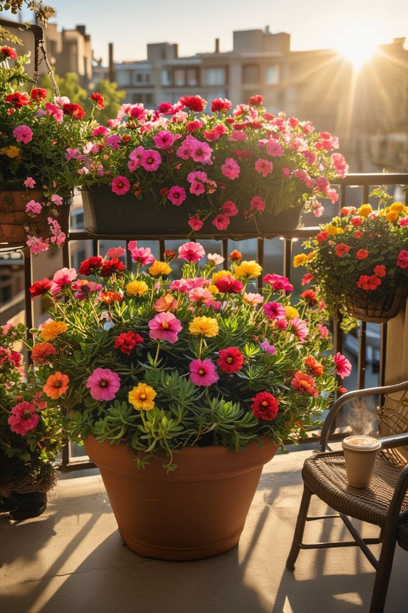 Bright portulaca moss rose flowers in pink red and yellow in a shallow balcony planter