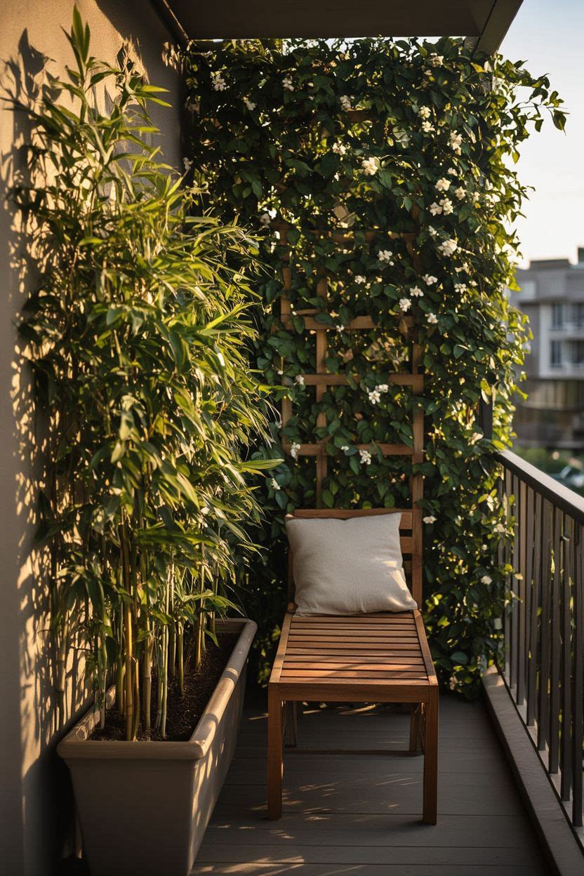 Tall bamboo or climbing plant privacy screen on one side of a balcony with a bench seat tucked beside it