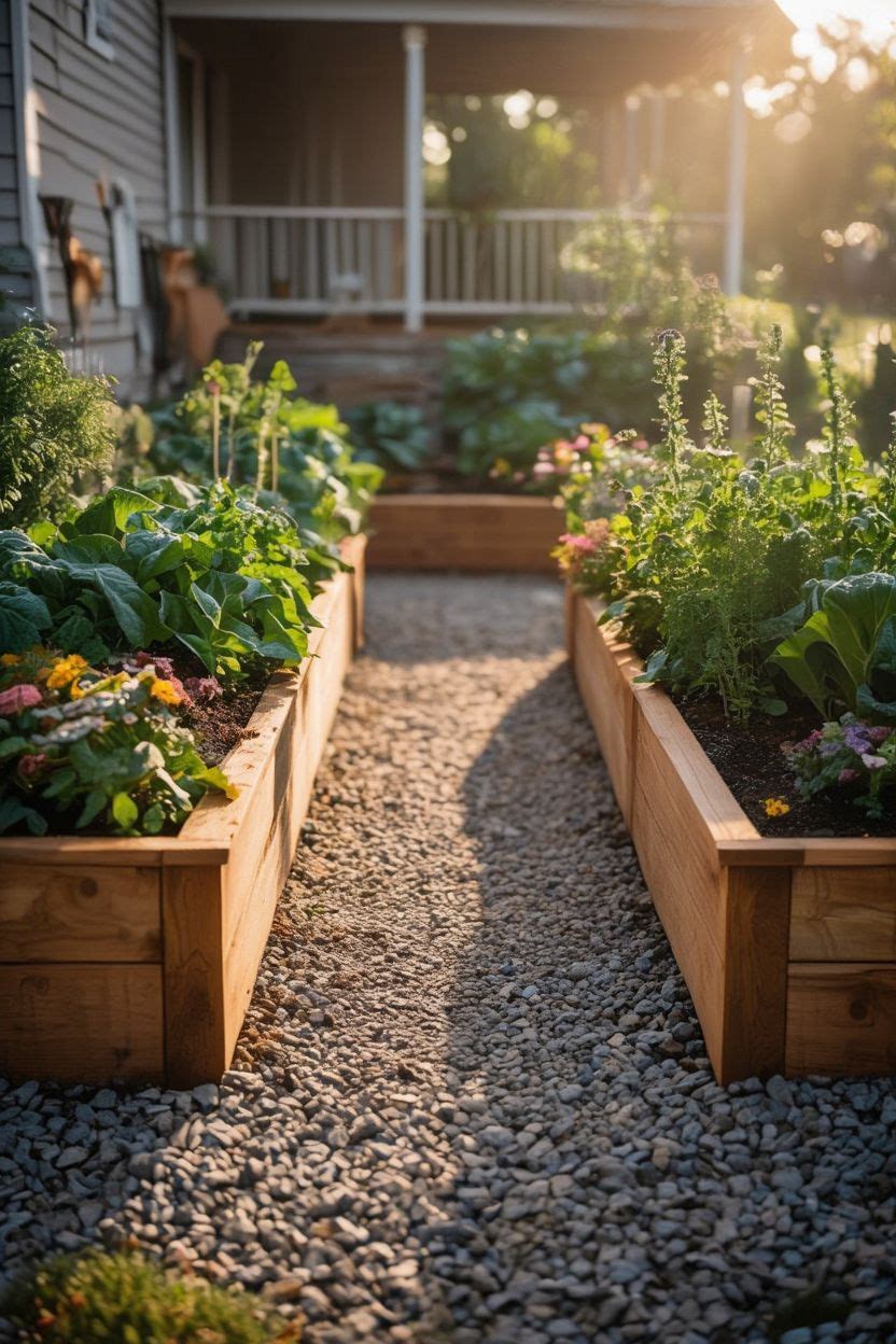 Neat raised garden beds made from cedar wood filled with vegetables and herbs arranged in a small backyard with gravel pathways between beds