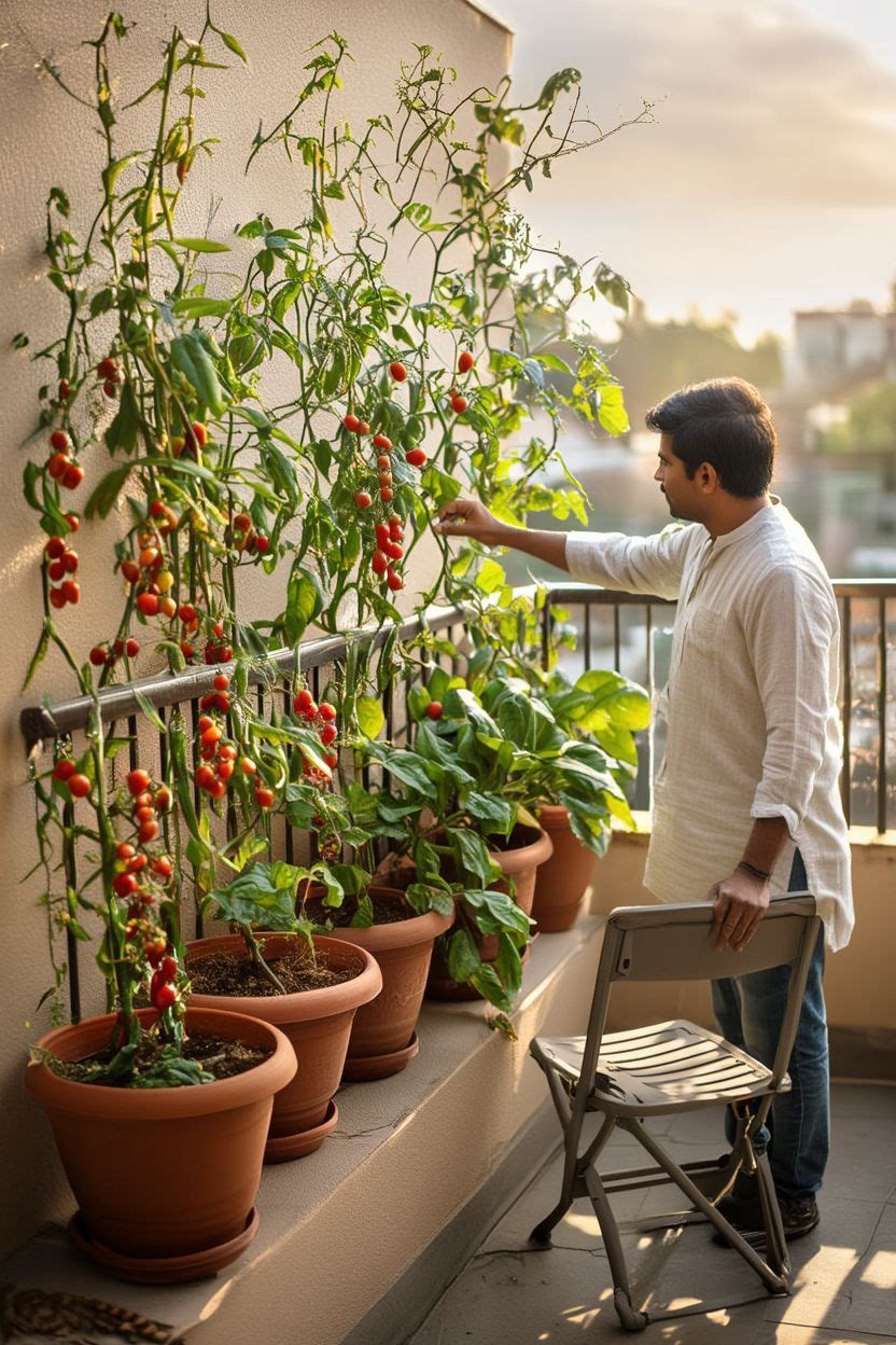 Raised container garden with vegetables and a fold-out chair on a sunny apartment balcony in warm light