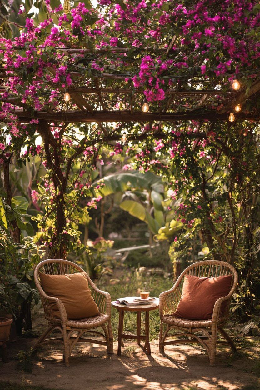A cosy shaded seating area with a wooden pergola covered in climbing plants, string lights, and rattan furniture