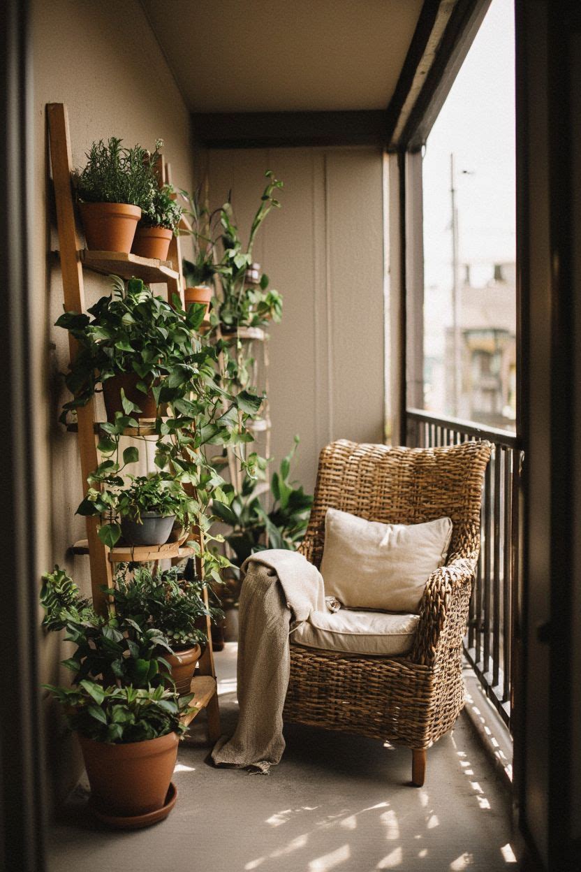 One armchair beside a tall vertical plant shelf on a narrow apartment balcony with cascading greenery