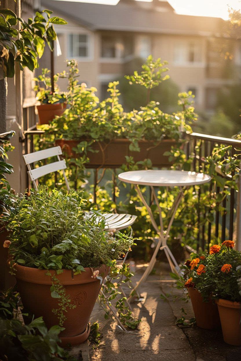 Cozy small apartment balcony garden with lush green plants and bistro seating in warm morning light