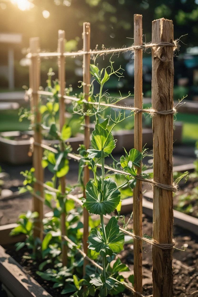 Wooden garden stakes with garden twine stretched between them to support climbing plants