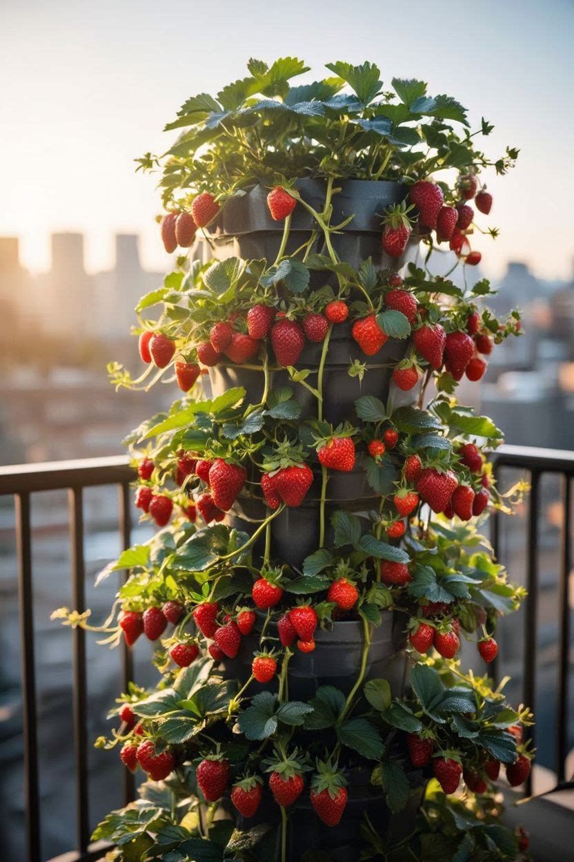 Red ripe strawberries cascading from a vertical tower planter on a balcony railing
