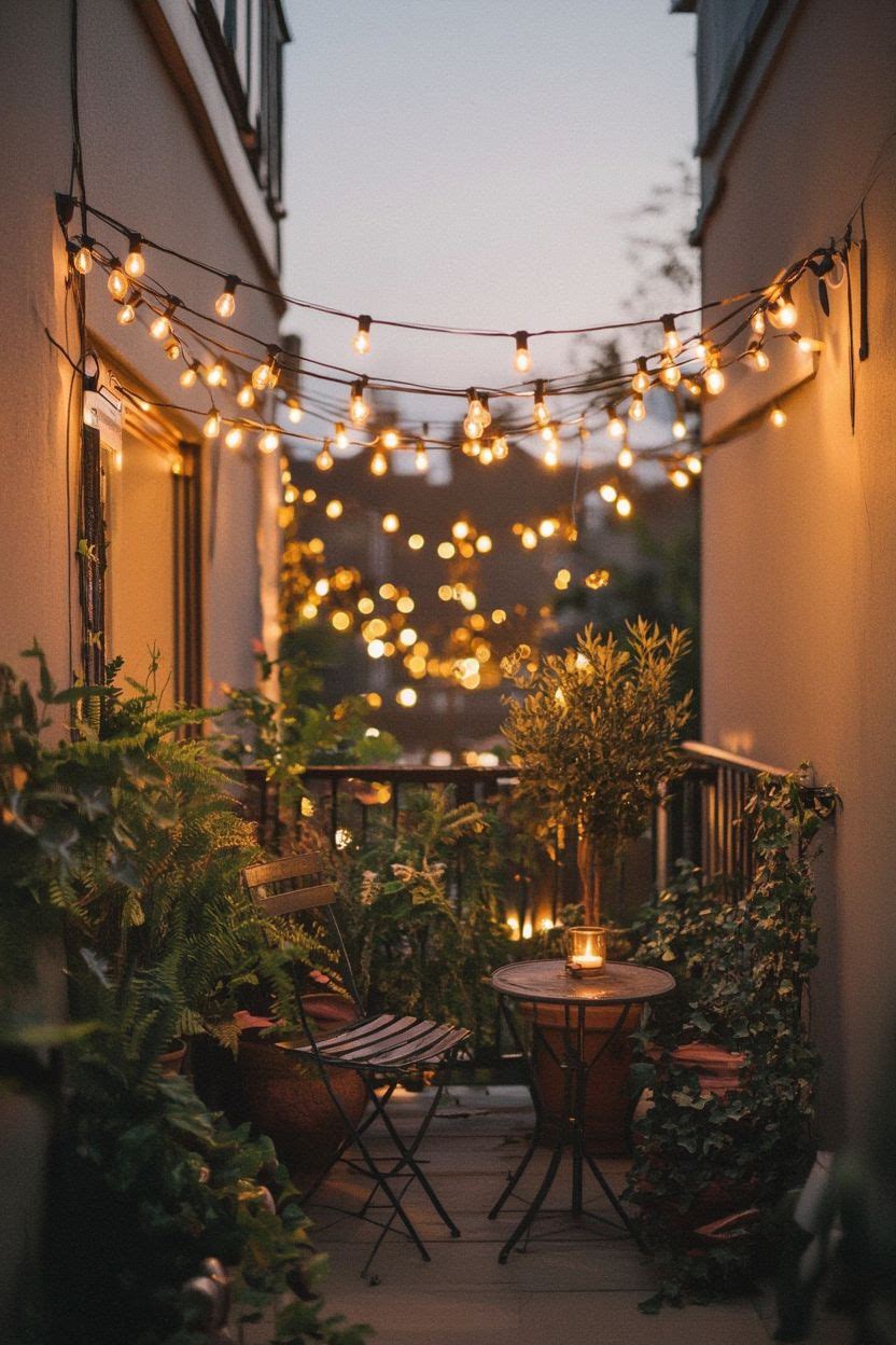 Balcony at dusk with warm amber string lights draped between two walls over a seating area with surrounding plants