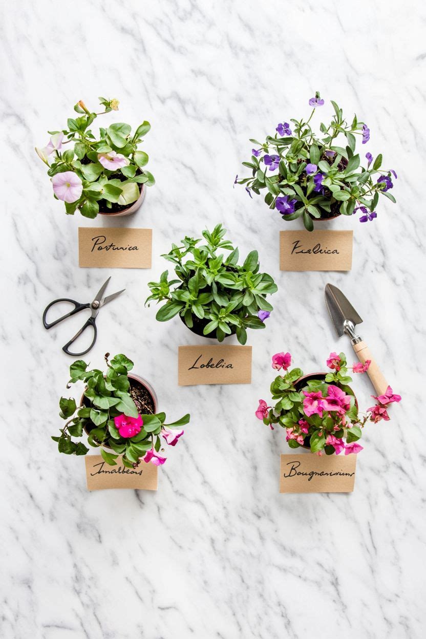 Flat lay of top 5 hanging basket flowers — petunia, portulaca, lobelia, impatiens and bougainvillea
