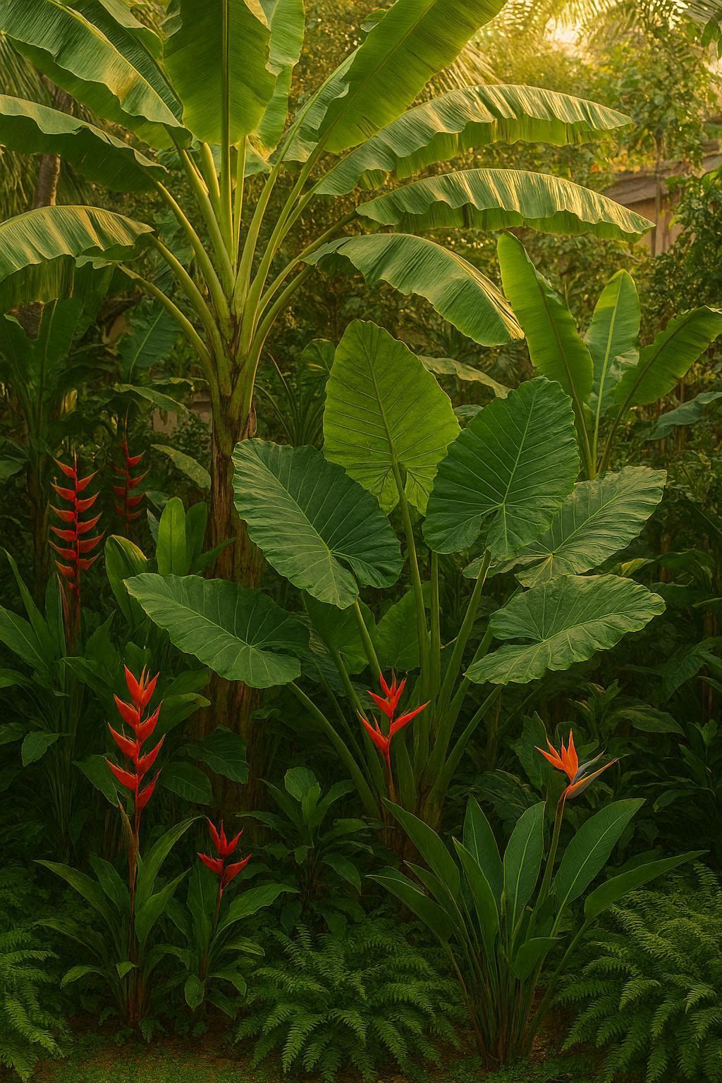 A lush tropical backyard filled with banana trees, elephant ears, birds of paradise, and ferns in a warm Indian garden