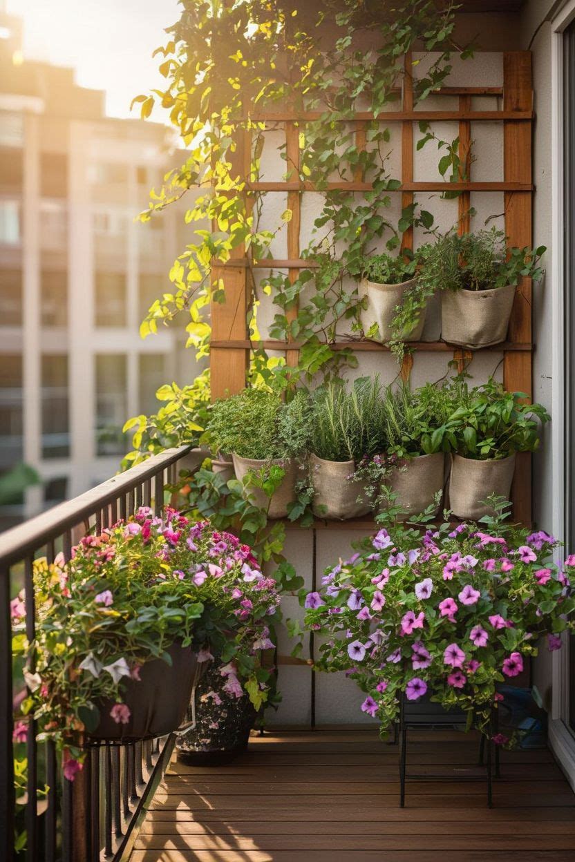 Hero image of a lush vertical balcony garden with climbing plants and wall planters in a modern apartment