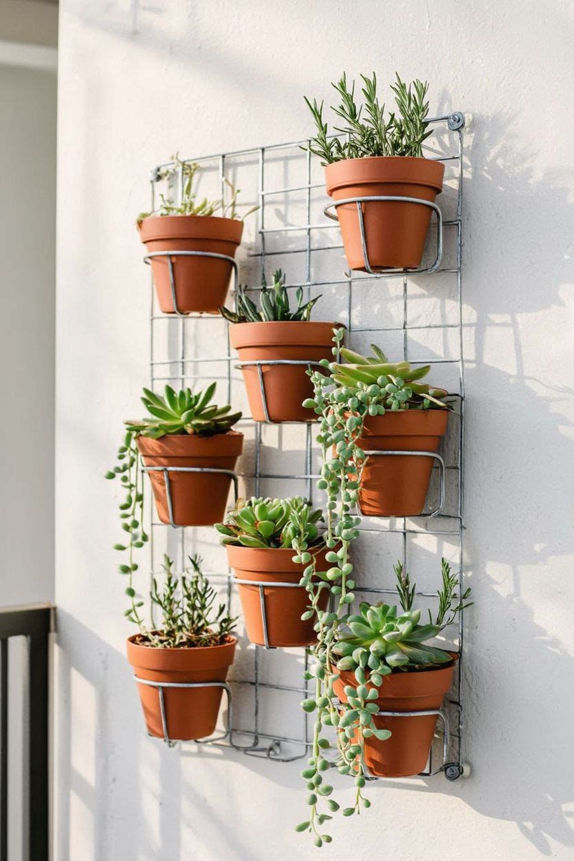 Wall-mounted vertical planter grid with succulents and herbs on a sunny apartment balcony