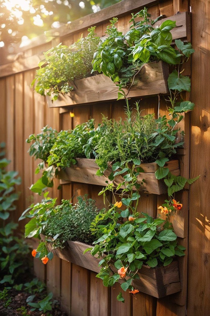 Vertical garden wall with tiered planters filled with herbs, trailing plants and flowers mounted on a wood fence in a small urban backyard
