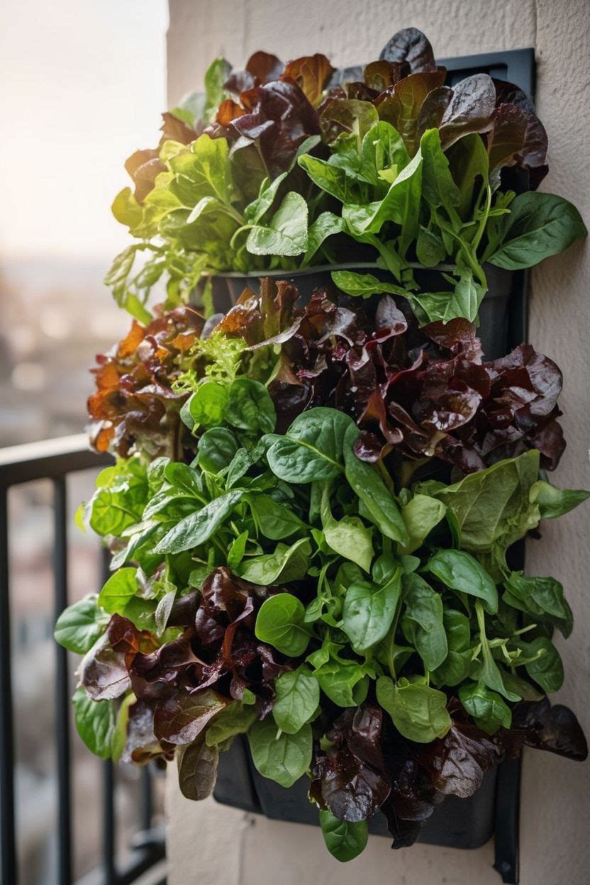 Mixed salad greens and lettuce growing in a vertical wall planter with vibrant green colors