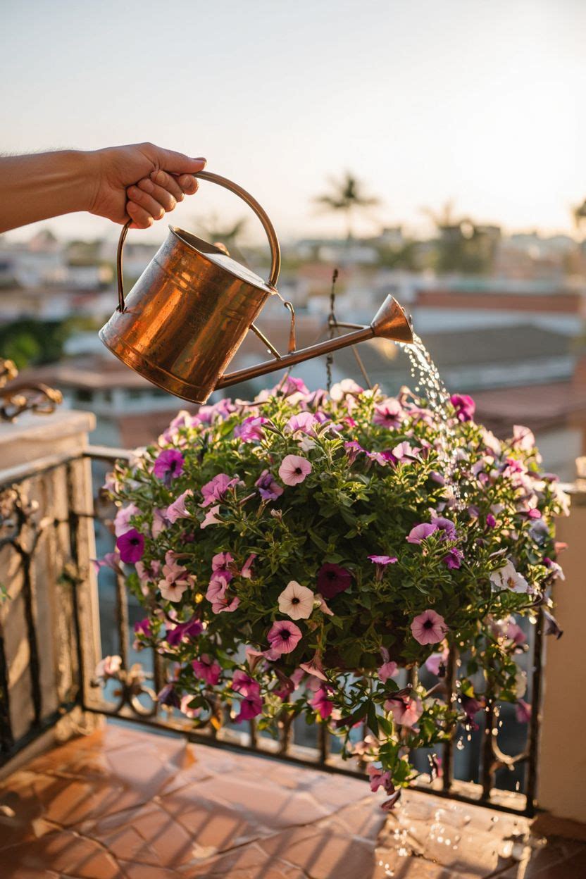 Watering a hanging basket with a long-neck watering can on a bright Indian balcony