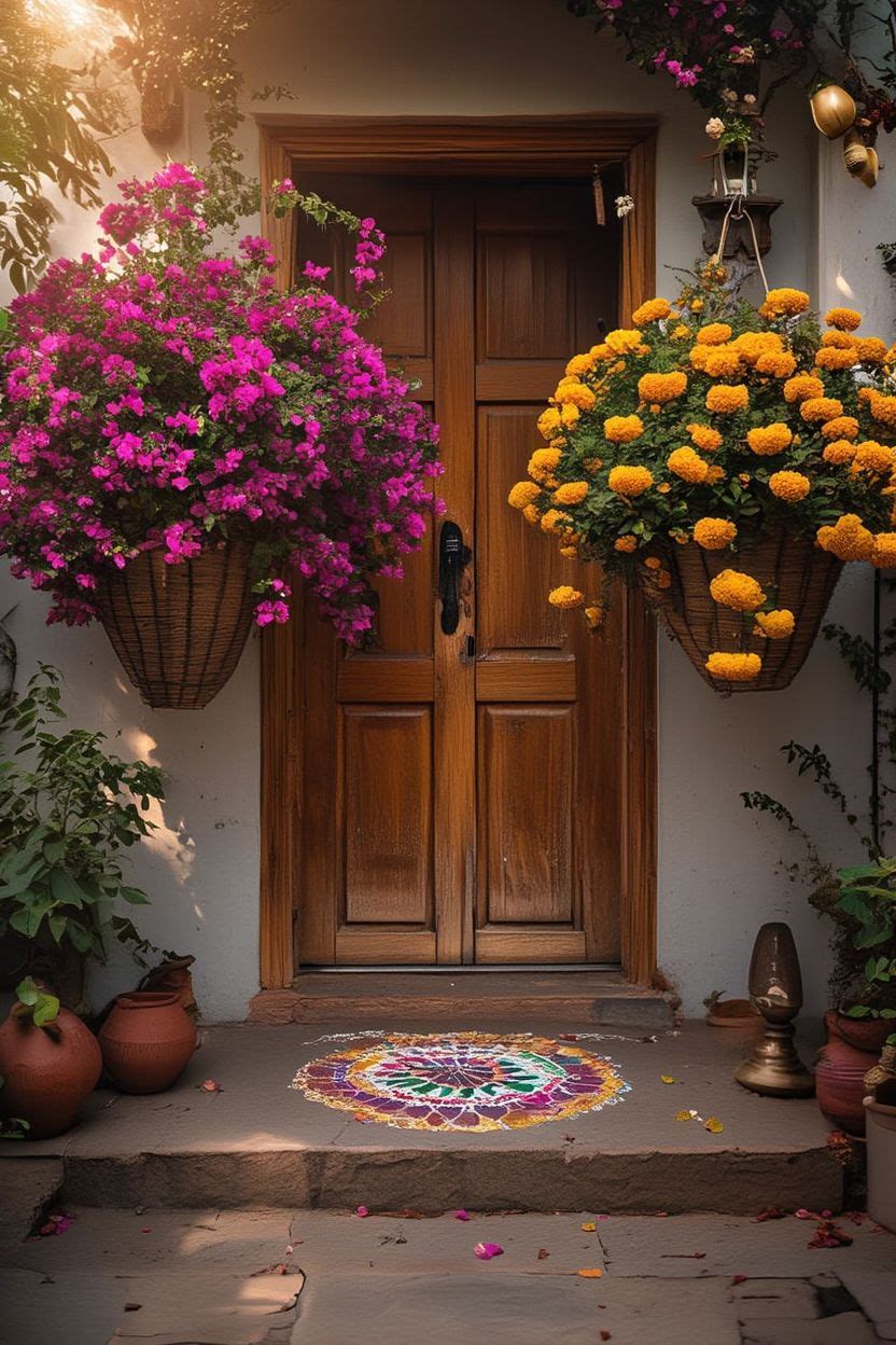 Hanging baskets on a colourful Indian home entrance with bougainvillea and marigold