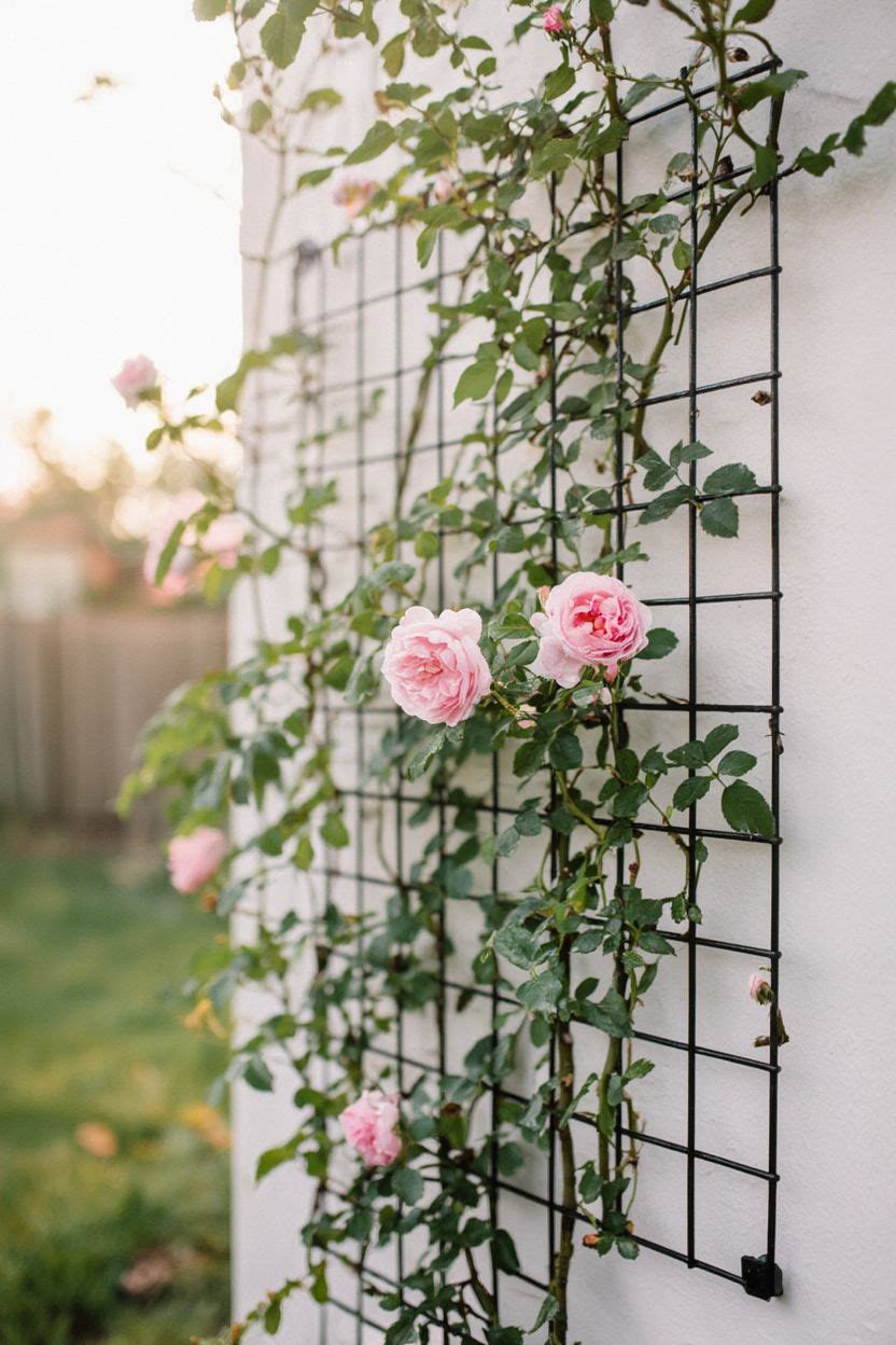 A metal wire grid panel mounted to a wooden fence as a wall trellis with climbing roses growing on it