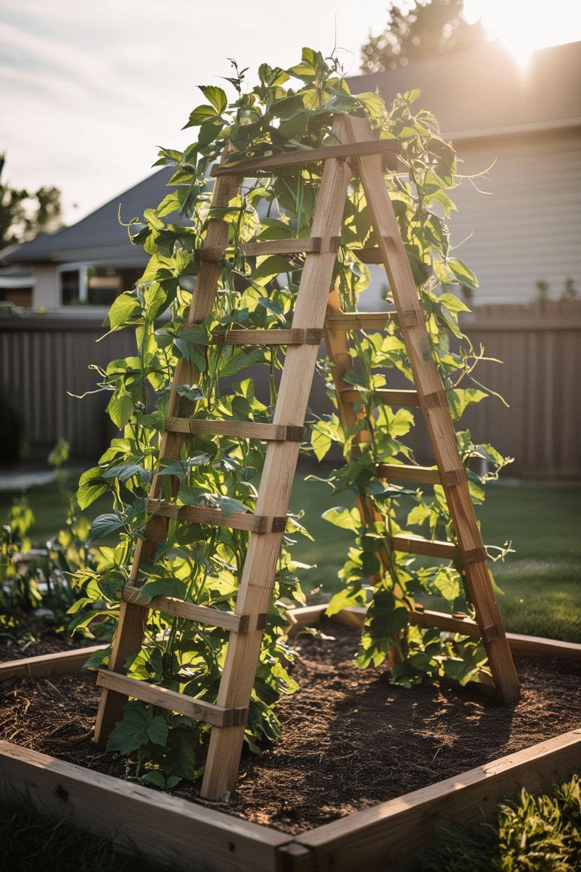 A handmade A-frame wooden ladder trellis in a vegetable garden with bean plants climbing up it