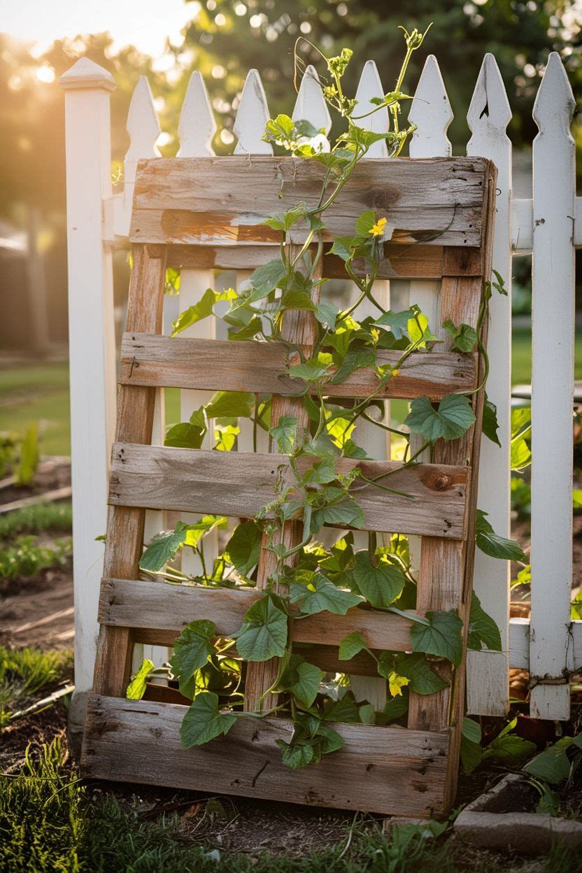 Upcycled wooden pallet repurposed as a garden trellis leaning against a fence with climbing vines