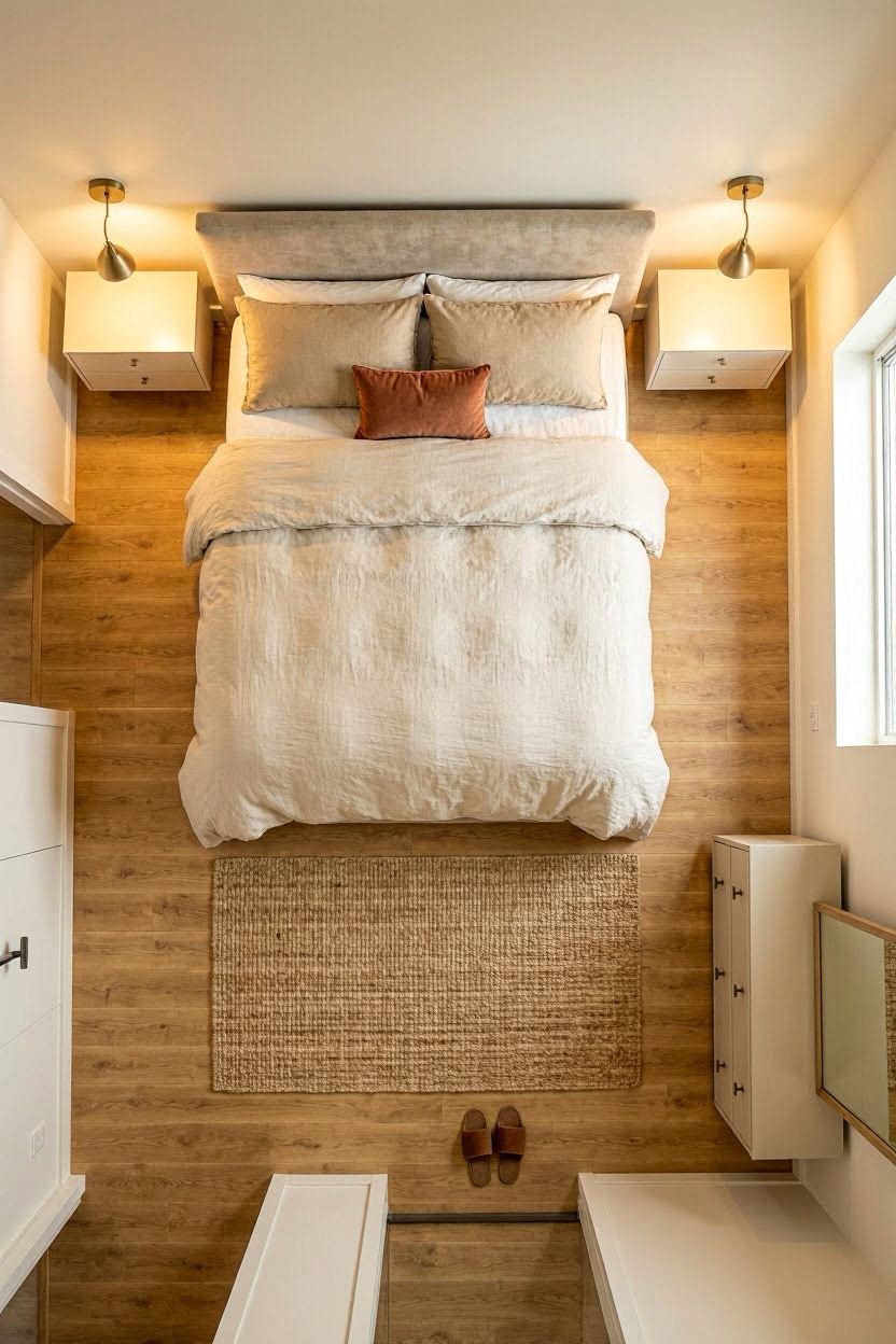 10x10 bedroom layout showing bed against focal wall with clear walkways and floating nightstands