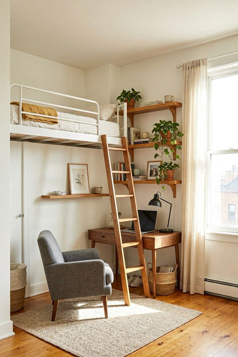 Stylish 10x10 small bedroom with light walls, lofted bed and smart storage in a USA home