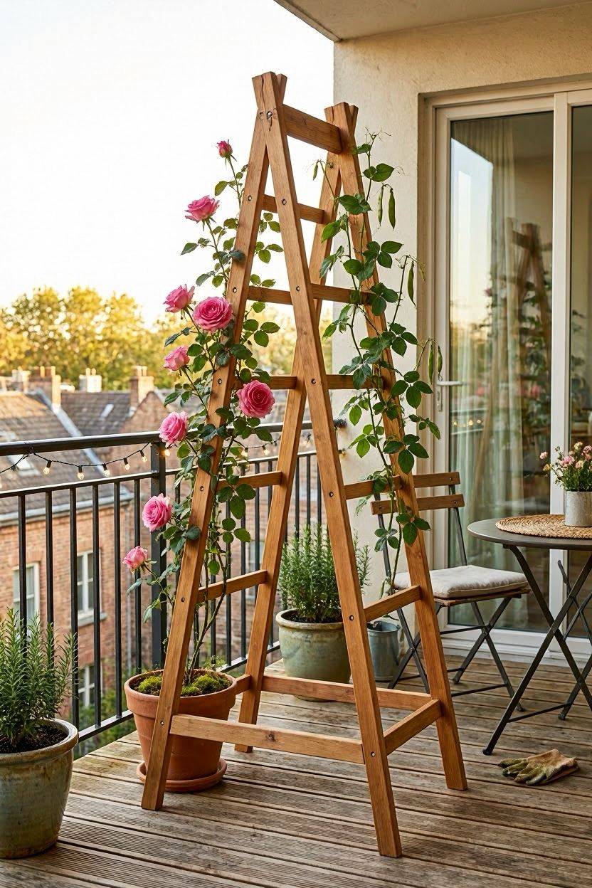 Freestanding wooden A-frame trellis in the center of an open balcony space