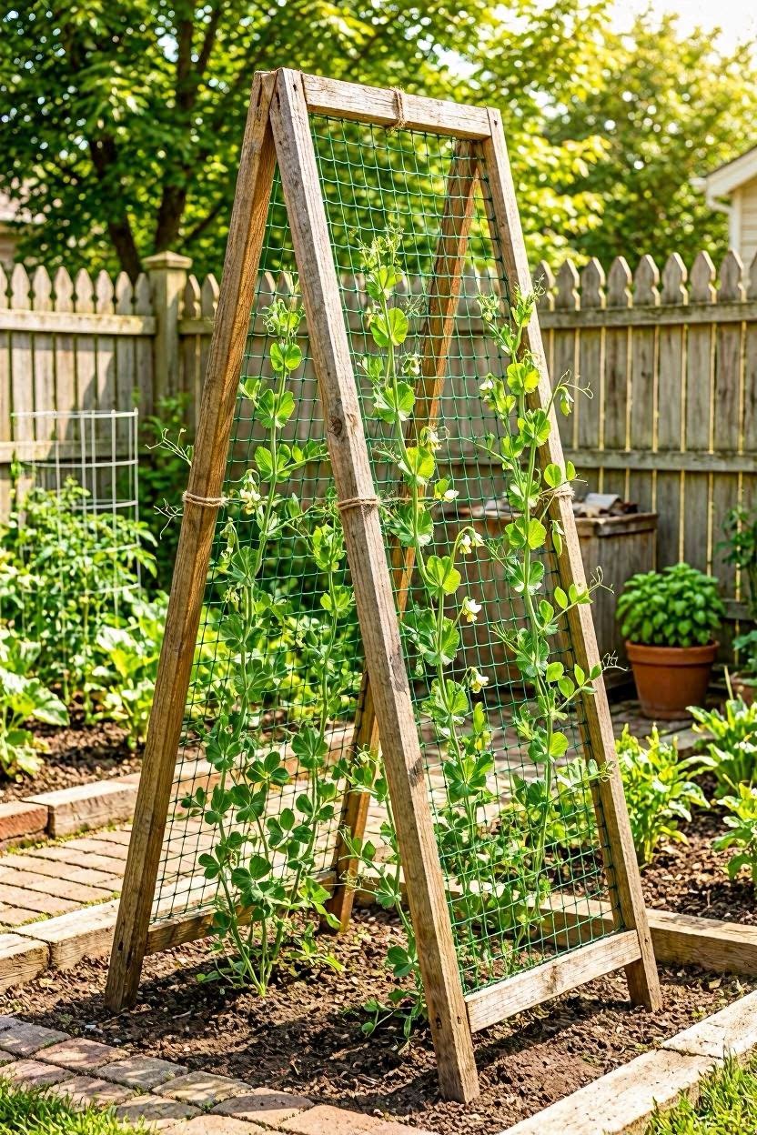 A-frame wooden trellis with green garden netting in a sunny backyard garden