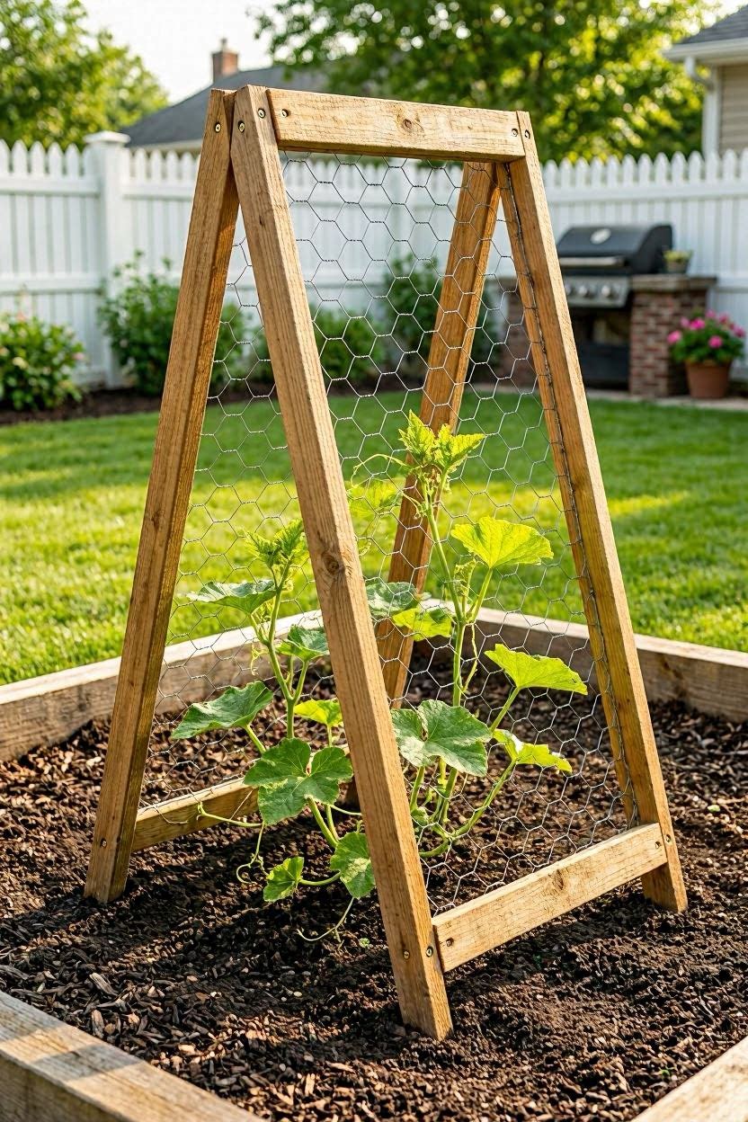 DIY wooden A-frame trellis set up in a raised garden bed with pumpkin vines beginning to climb