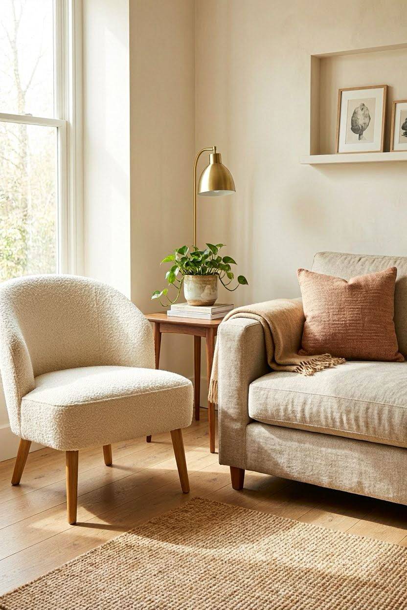 Accent chair placed beside a sofa in a styled living room corner