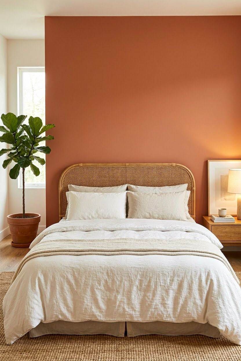 Deep terracotta accent wall behind a bed with warm bedroom decor