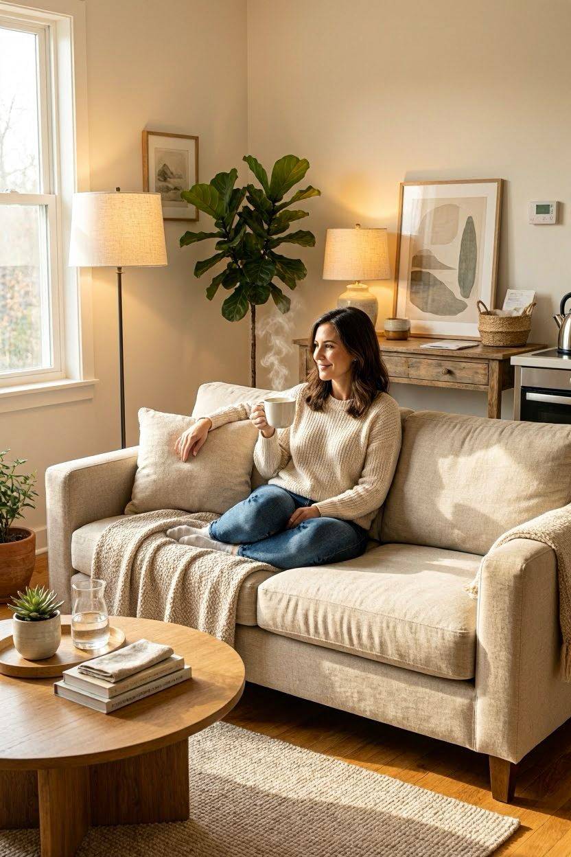 Cozy small apartment living room with light neutral furniture and natural light
