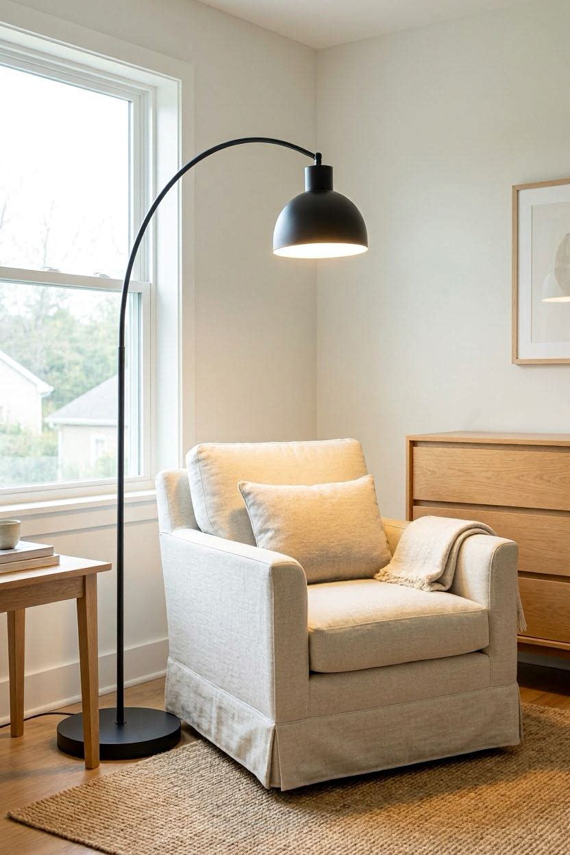 Black arc floor lamp arching over a cozy bedroom reading chair