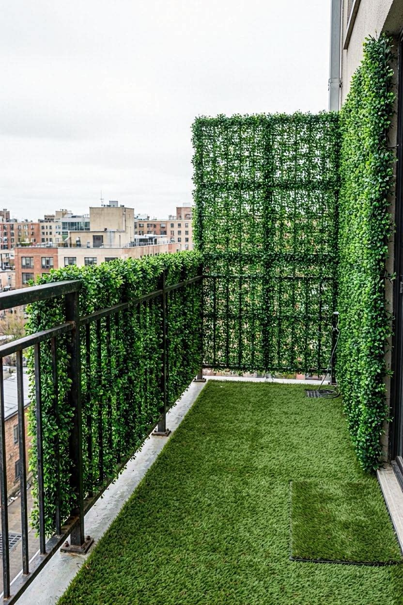 Narrow apartment balcony covered in artificial boxwood panels on railing and side wall with artificial grass floor