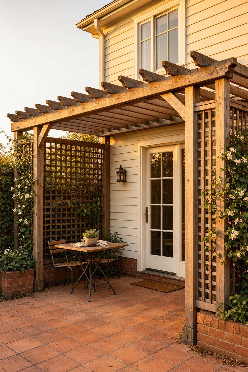 Pergola attached to house exterior wall with trellis side panels