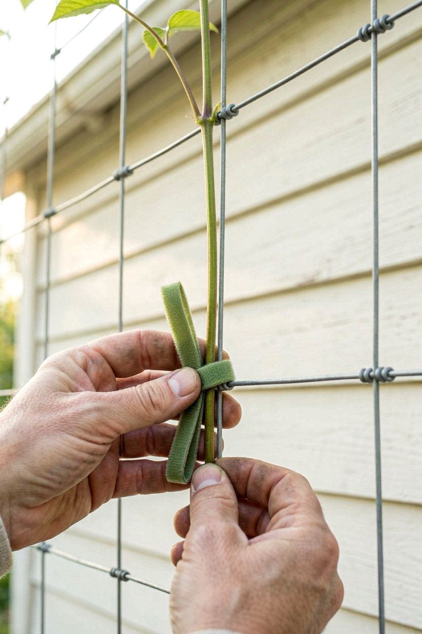 Close-up of clematis stem tied to a wire trellis with a soft figure-eight loop using green garden velcro tie showing proper technique