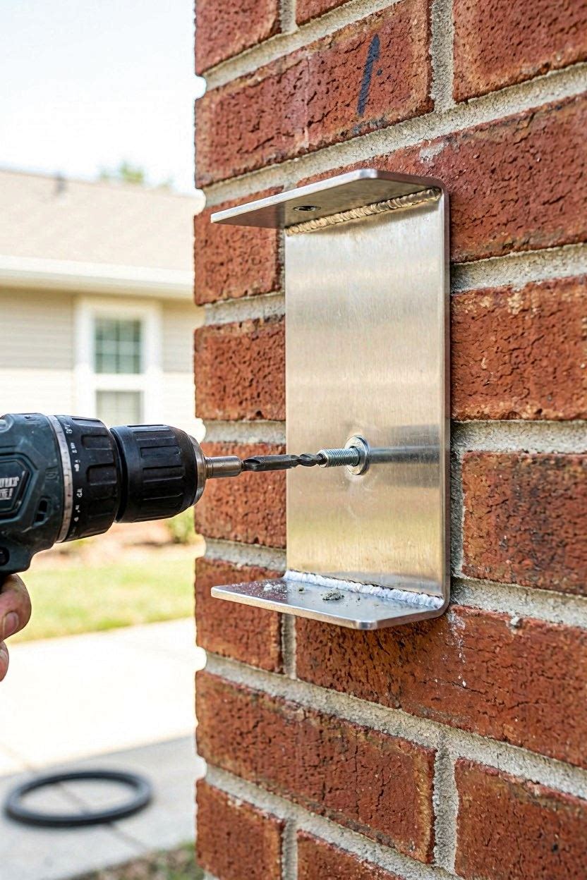 Wall mounting bracket installation for a retractable balcony awning showing stud finder and drill